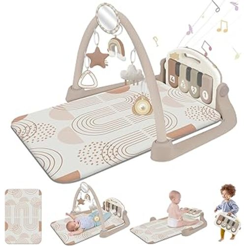 Baby Play Gym with Kick and Play Piano, Baby Play Mat & Activity Gym Mat with 5 Infant Sensory for Tummy Time, Music & Lights Boy or Girl for Newborn 0 to 3 6 9 12 Months, Boho Rainbow Lines