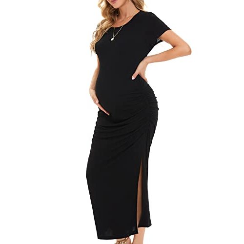 Smallshow Women's Split Long Maternity Dress Short Sleeve Ruched Pregnancy Clothes
