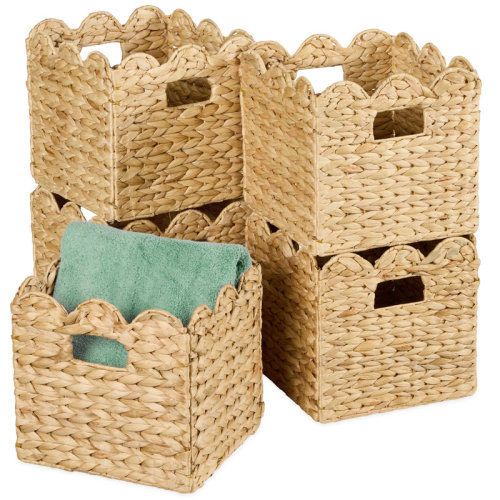 East Urban Home Scalloped 12 X 12In Hyacinth Storage Basket Set Of 5 - Natural With White Trim & Reviews | Wayfair