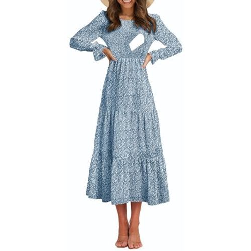 Women's Nursing Dress Flounces Long Sleeve Crew Neck Smocked Bodice Ruched Elastic Waist Tiered Midi with Pockets