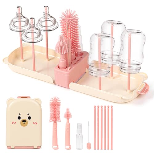 Baby Bottle Brush Kit, 6-in-1 Portable Silicone Set with Drying Stand | Food-Grade BPA-Free Materials, Built-In Soap Dispenser, Straw and Nipple Brushes, Compact Storage Box, Scratch Resistant
