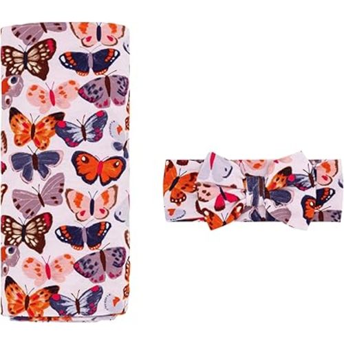 Little Sleepies Swaddle & Headband Bow Set, Viscose from Bamboo Baby Swaddles, Newborn Baby Girl Clothes (Butterfly Kisses)