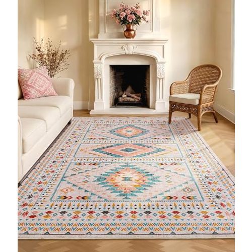 YIHOUSE Boho Living Room Area Rug 5'x7', Pink/Blue