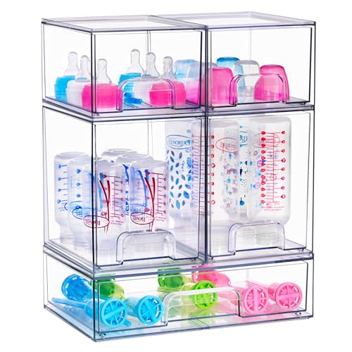 Sorbus Stackable Acrylic Storage Drawers – 2 Small + 2 Tall + 1 Wide – 5 Pack Clear Plastic Organizer Bins for Baby Bottles, Makeup, Bathroom & Vanity, Pull-Out Drawer Design for Kitchen Cabinets
