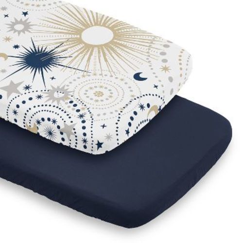 Sweet Jojo Designs Boy, Girl, Unisex/Gender Neutral Baby Bassinet Fitted Sheets Set Celestial Navy Blue and Gold 2pc