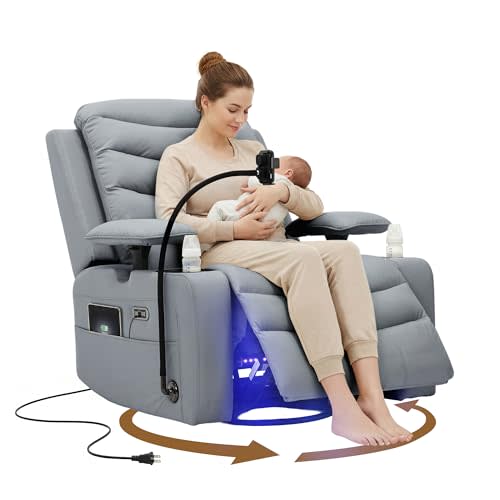 Olela Nursery Glider Recliner Chair - Electric Swivel Rocker with Heated Lumbar, Smart Cup Holder, USB Charging Ports, Blue Grey PU Leather