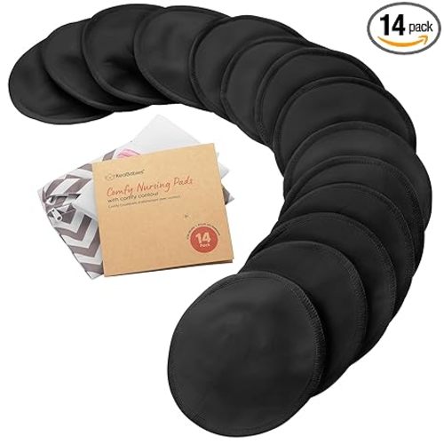 Organic Nursing Pads - 14 Washable Breast Pads for Breastfeeding, Wash Bag, Viscose Derived from Bamboo Reusable Nipple Covers for Breastfeeding Essentials, Soft & Absorbent(Midnight Black, L 5")