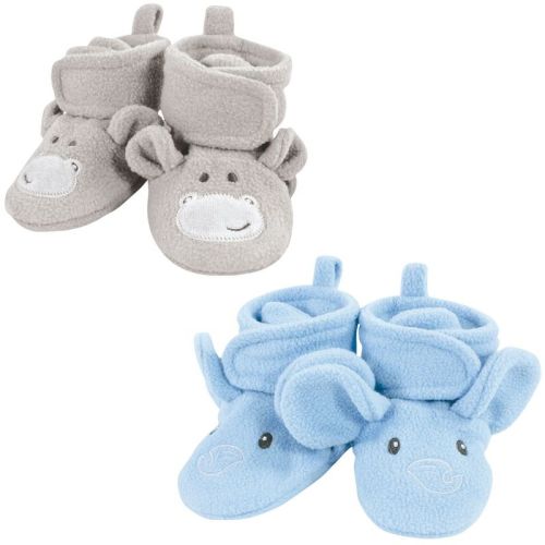 Hudson Baby Infant Boy Animal Fleece Booties 2-pack, Blue Elephant Hippo, 0-6 Months