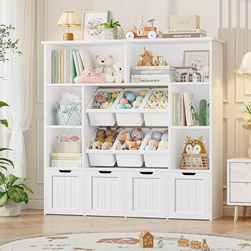 FINETONES Toy Storage Organizer with 6 Toy Bins, Toy Organizer Kids Bookshelf with 4 Movable Drawers and 6 Storage Cubbies, Toy Bins for Kids Organizer Playroom Storage for Living Room, White