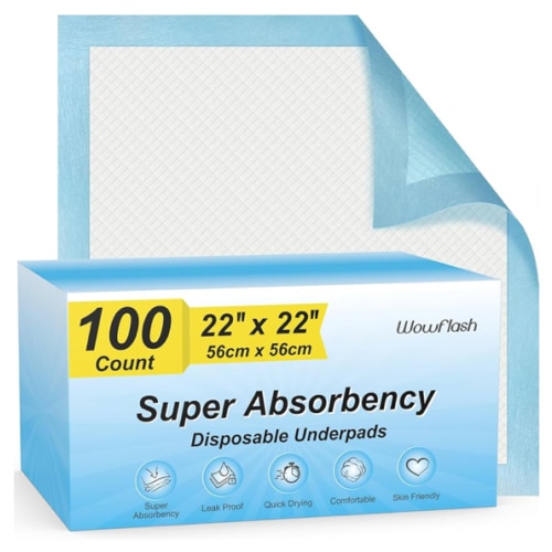 100 Count 22” x 22” Super Absorbency Disposable Underpads, Leakproof Quick Drying Disposable Pads for Baby, Puppy and Adults, Puppy Pads, Cat Pee Pads for Dogs, Potty Puppy Training Pads