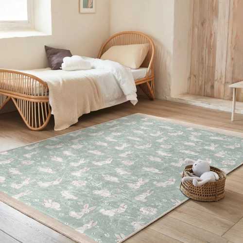 Whimsical Bunny Meadow Rug - Bunny Rabbit Print Mat - Green Pastel Carpet - Kids Room Area Rug - Nursery Accent Rug - Cute Animal Design Mat