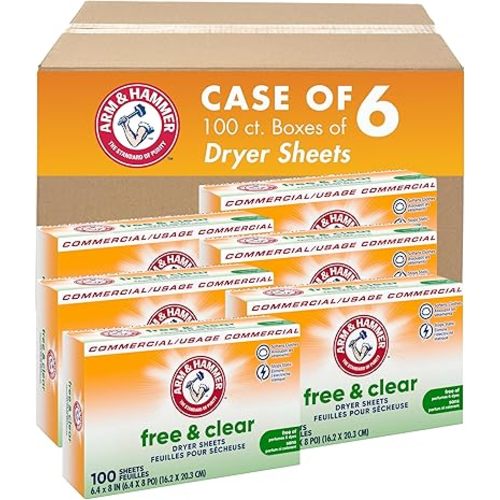 Arm & Hammer Dryer Sheets Professional, Free and Clear, Box of 100 Sheets, (Case of 6)