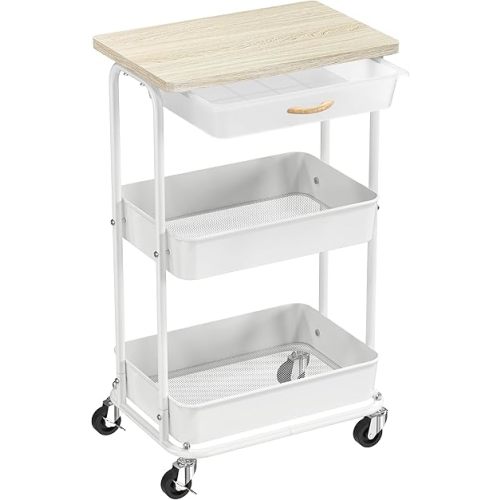 Simple Houseware 3-Tier Rolling Utility Cart with Drawer & Wood Tabletop - Mobile Sofa Side Table, Nightstand, Slim Storage Organizer Trolley for Bedroom, Bathroom, Office & Art Supplies, Maple