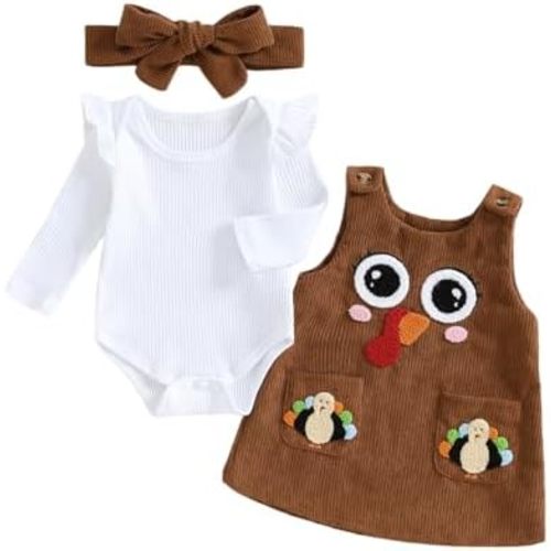 Seyurigaoka My First Thanksgiving Baby Girl Outfit Long Sleeve Ribbed Knit Romper Turkey Overall Dress Cute Fall Clothes
