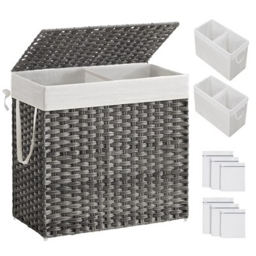SONGMICS 130L Laundry Hamper with Lid Clothes Hamper with 2 Removable Liner Bags & 6 Mesh Bags Gray