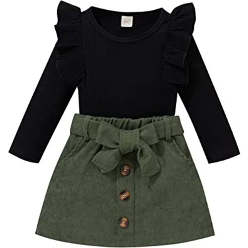 fhutpw Baby Toddler Girl Outfits Fall Winter Clothes Turtleneck Knitted Cotton Long Sleeves Tops & Button Mini Skirts Set