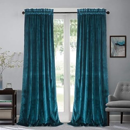 Roslynwood Velvet Peacock Blue Curtain 96 inch Length - Curtains Block Light Rod Pocket Thermal Insulated Window Drapes Set for Living Room/Bedroom/Dining Room,W52 x L96, 2 Panels