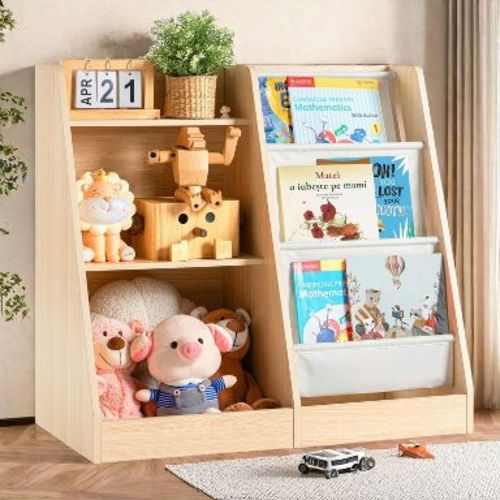 FONTOI 29.5"H 3 Tier Kids Wooden Bookshelf, Baby Toddler Bookshelf and Toy Storage Organizer Sling Bookcase for Kids Room Playroom Nursery Classroom