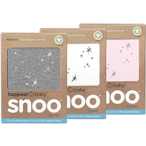 Happiest Baby SNOO Bassinet Fitted Sheet - 100% Organic Cotton Nursery Bedding - Fits SNOO Sleeper Crib Mattress - 3-Pack Bundle (White, Grey, Pink)