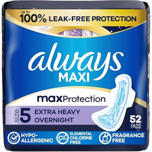 Always Maxi Overnight Feminine Pads with Wings for Women, Size 5, Extra Heavy Overnight Absorbency, Unscented, Up to 100% Leak-Free Protection, 52 Count