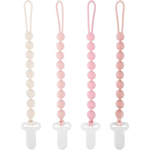 MINMUNJIU Pacifier Clips Baby Girl, 4 Pack One Piece Flexible Soft Binky Clips Silicone Pacifier Holder Clip for Girls, Baby Girl Newborn Essentials
