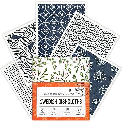 Augine Swedish Dishcloths, 5 Pack Swedish Dishcloths for Kitchen, Super Absorbent, Biodegradable, Quick Drying, Dishwasher Safe