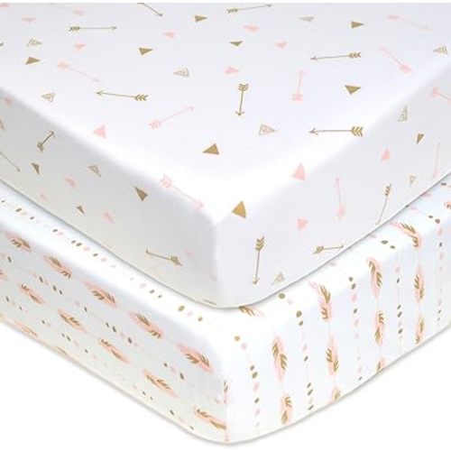 American Baby Company 2 Pack Fitted Crib Sheets 28" x 52", Soft Breathable Neutral 100% Cotton Jersey Sheet, Sparkle Gold/Pink Feathers/Arrows, for Boys and Girls, Fits Crib and Toddler Bed mattresses