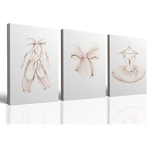 Framed Ballet Dress Wall Art Prints Set of 3 Ballerina Poster Nursery Canvas Painting Beige Dancing Shoes Tie Art Print Nordic Aesthetic Picture Girls Room Bedroom Decor 12x16 inch with Wooden Frame