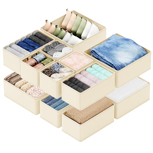 SpaceAid Drawer Organizer Clothes, 12 Pack Dresser Organizer Bins for Nursery, Closet Organization and Storage Dividers for Clothing, Baby Clothes, Underwears, Socks (Beige)