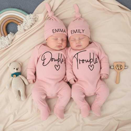 Double Trouble Twin Bodysuit, Funny Twin Bodysuit Set, Retro Twin Baby Clothes, Announcement Twins, Baby Gift for Twins, Baby Shower Gift