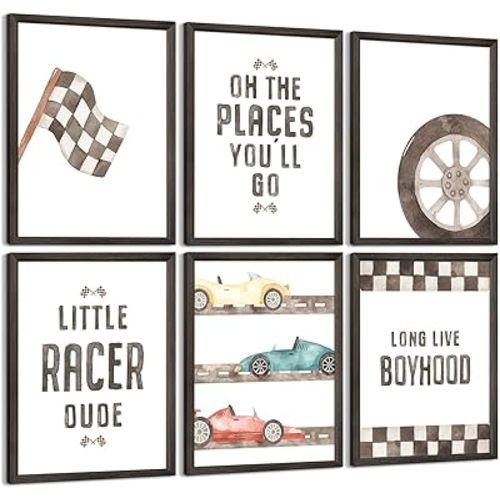 Race Car Wall Art Boys Room Canvas Wall Decor Vintage Nursery Wall Art Vehicle Prints Kids Toddler Poster Retro Car Pictures for Boys Bedroom Playroom 12x16 Inch Wood Framed Set of 6