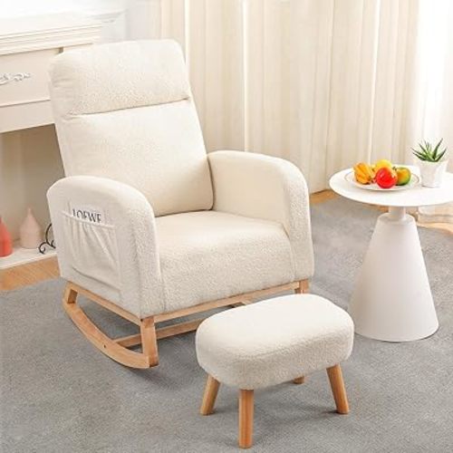 Levede Rocking Chair Nursery with Ottoman, Nursing Armchair Recliner with Footrest, Boucle Sherpa Fleece Rocker Occasional Reading Chairs for Living Room,Bedroom, Side Pocket High Backrest Footstool