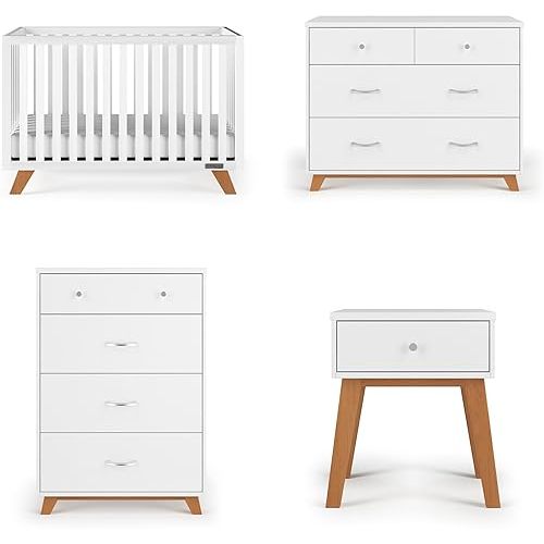 Child Craft Soho Design 4-in-1 Convertible Baby Crib Nursery Furniture Set - Baby Bed, 3 Drawer Dresser, Chest Drawer and Nightstand Desk for Babies, Toddlers and Kids (4 Piece - White/Natural