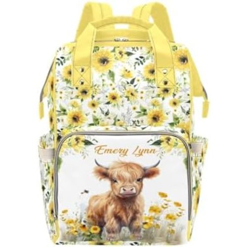 Custom Highland Cow Diaper Bag Backpack for Mom Personalized Name Large Nappy Nursing Orangizer Mommy Bags, Waterproof Travel Daypack for Dad Mom Gifts
