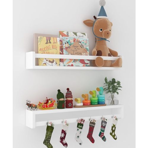 Heimlove 24 Inch Nursery Floating Shelves, Solid Wood Nursery Book Shelves for Wall, Bookshelf for Kid Room, Books,Toys and Decor Storage, Set of 2 (White)