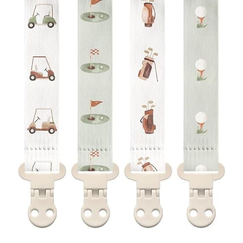 Stadela Baby Pacifier Clip Holder - Girl or Boy Unisex 4 Pack Gift Set – Neutral Modern Golf Theme Green Brown Beige
