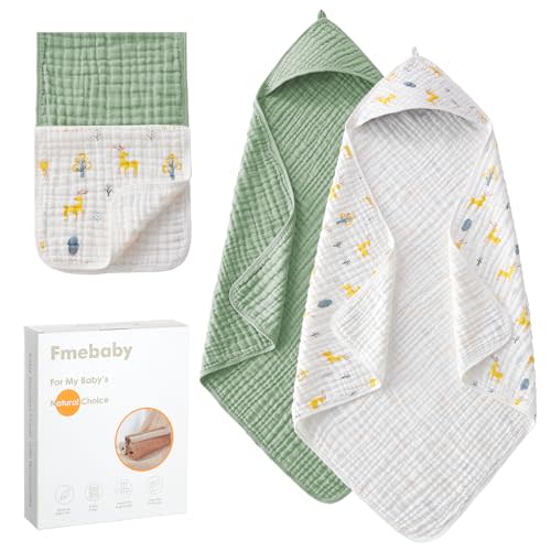 Hooded Baby Towels for Newborn, 2 Pack 36x36Inch Muslin Cotton Baby Bath Towel and 2 Pack 12x12Inch Washcloth Set with Hood for Babies, Toddler and Kids, Essentials Must Haves(Green and Deer)