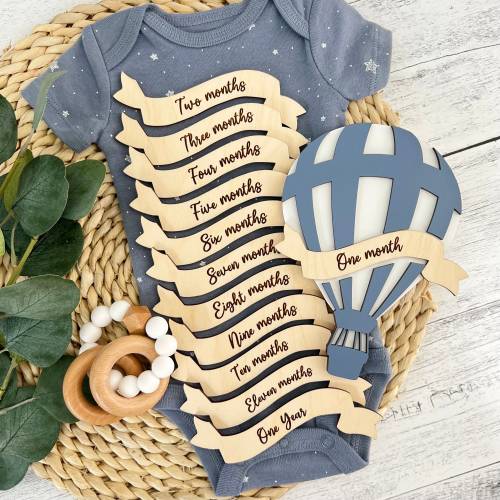 Hot Air Balloon Baby Monthly Milestone Set // Baby Monthly Milestone Set // Baby Photo Prop // Wooden Monthly Photo Markers // New Mom Gift
