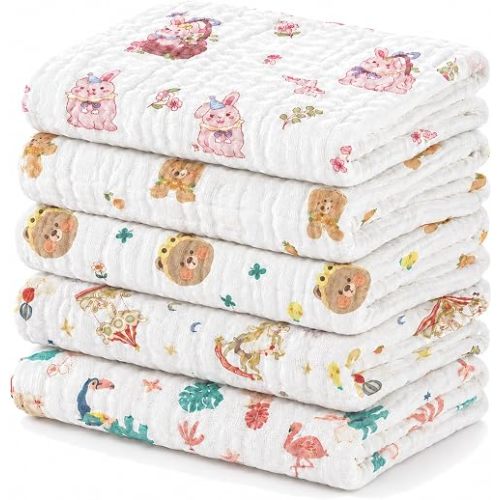 Baby Burp Cloths 5 Pack, 100% Cotton Muslin Burp Cloths, Baby Essentials, 6 Layer Gauze Burp Rags, Soft Absorbent Breathable Newborn Burping Cloths, Multi-Use for Spit Up, Drool & Feeding, 10" x 20"