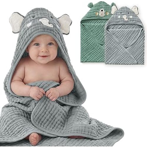 Blissful Diary Muslin Baby Hooded Towel 2 Pack, Soft & Absorbent Bath Towel for Infant, Toddler, Unisex, Baby Gift, Newborn Essentials, Smart Bear & Wise Elephant