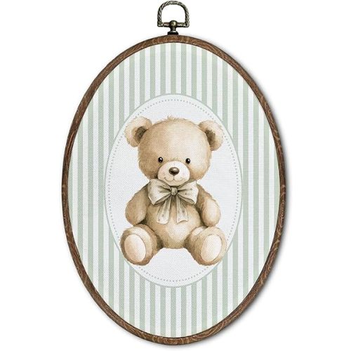 FLAWAFLOMA Vintage Bear Nursery Oval Wall Art Decor, Kids Room Canvas Wall Art Framed, Retro Bear Hanging Decorations for Kids Toddler Boy Girl Bedroom Nursery Room Decor, 8.6x11.4 Inch