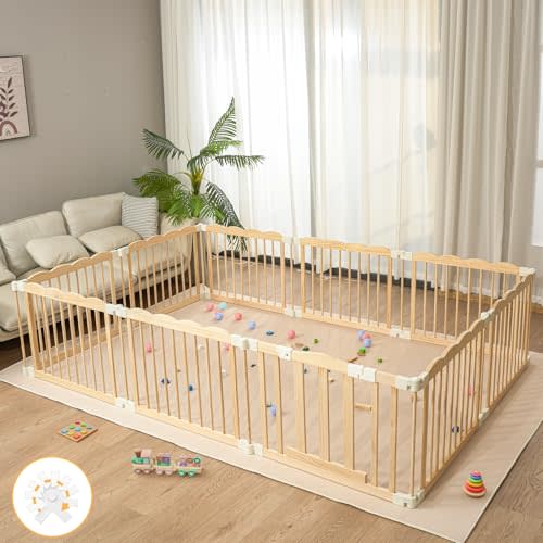 Playpen Large Foldable Play Pen for Toddlers 1-3,Easy Assemble Play Yard Wooden Baby Gates with Door,Expandable Play pens for Kids Safety Baby Playpen with Lock 67x103x24Inch(Foldable Connector)
