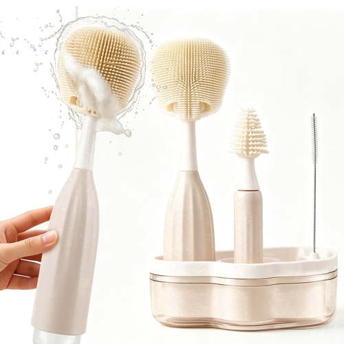 Baby Bottle Brush Set with Soap Dispenser, Baby Bottle Cleaner Kit, Silicone Bottle Cleaning Brush with Nipple Brush & Straw Brush, Portable Cleaning Set for Breast Pump Parts, BPA-Free
