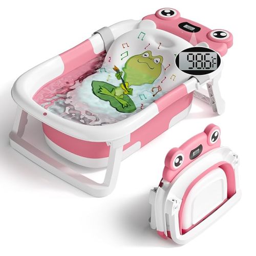 Baby Bathtub, Collapsible Newborn Bathtub for Infant to Toddler 0-24 Months with Soft Bath Net,Portable Travel Newborn Tub with No-Slip Feet, Baby Shower Gifts, Rose Pink