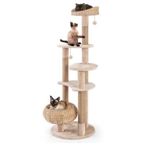 Costway 65" Cattail Cat Tower with Jute Scratching Posts Perch Basket Bed Dangling Balls