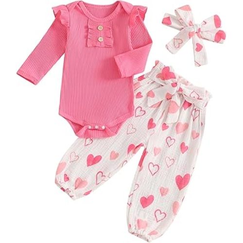 Rtnnsbbfcm Newborn Baby Girl Valentine's Day Outfit Long Sleeve Ribbed Romper Heart Print Pants Headband 3Pcs Set