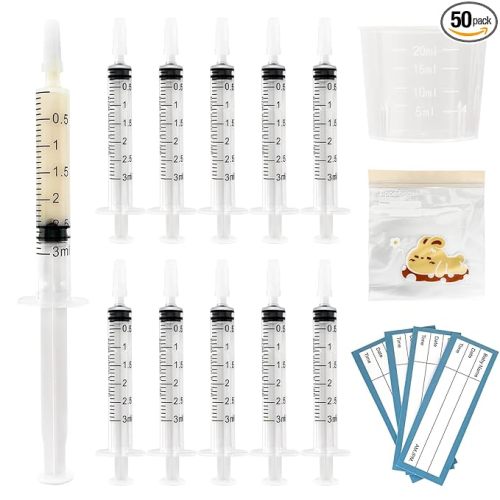 50 Sets Colostrum Syringes,3mL Colostrum Collector Kits Include 50PC 3ml Sterile Syringe with Cap, Sticker, Clear ziplock Bag and a Measuring Cup