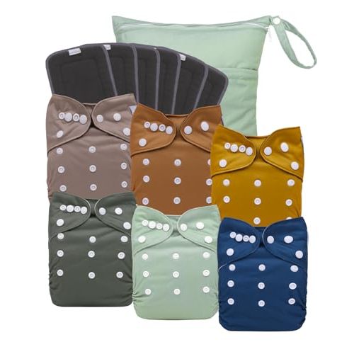 babygoal Reusable Charcoal Cloth Diapers with Double Gussets, 6 Pack Washable Baby Pocket Diapers with 6pcs Charcoal Inserts and Wet Dry Bag(Solid Color)