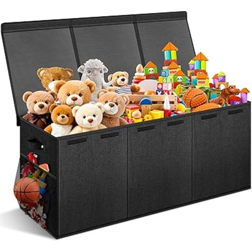 Extra Large Toy Box with Lids - Sturdy Collapsible Kids Storage Organizer Big Bin Chest Basket with Dividers for Boys Girls, Bedroom, Nursery, Living Room, Playroom Organization, 38"x16"x14", Black