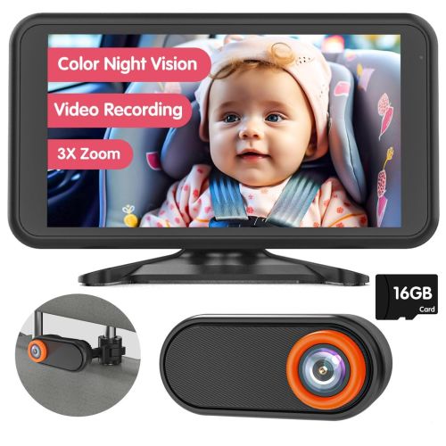 Luckview Mirror Car Baby Rear Seat Camera with Video Recording - 5.2 Inch Baby Car Mirror 1080P HD, Full Colour Night Vision, 3X Zoom, Backseat Camera with TF Card & 360° Rotation